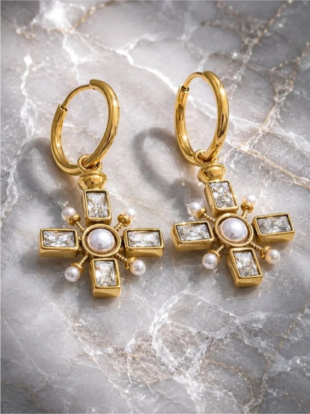 Gold plated Cross Hoop Earrings with Pearls and Crystals